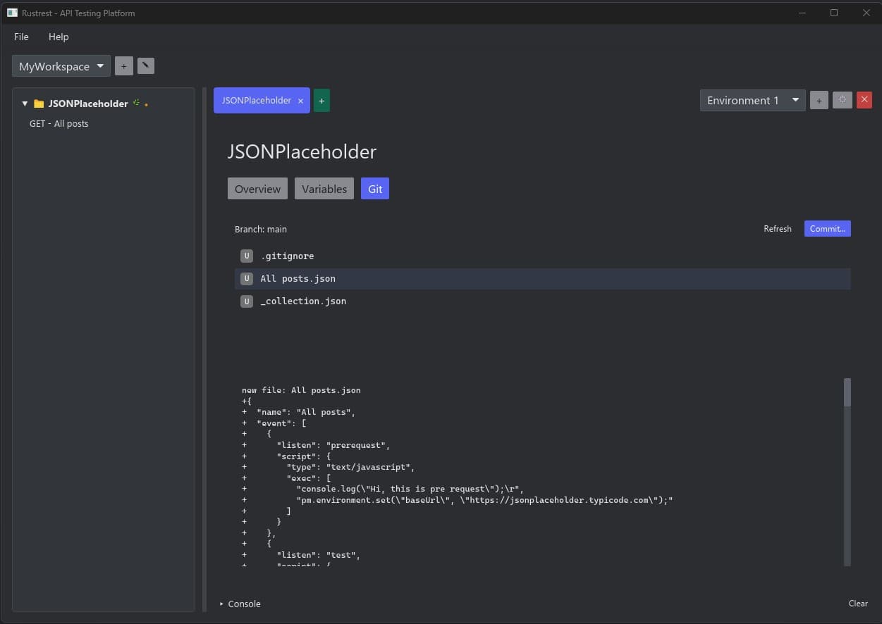 rustrest Git panel showing a branch and uncommitted collection changes